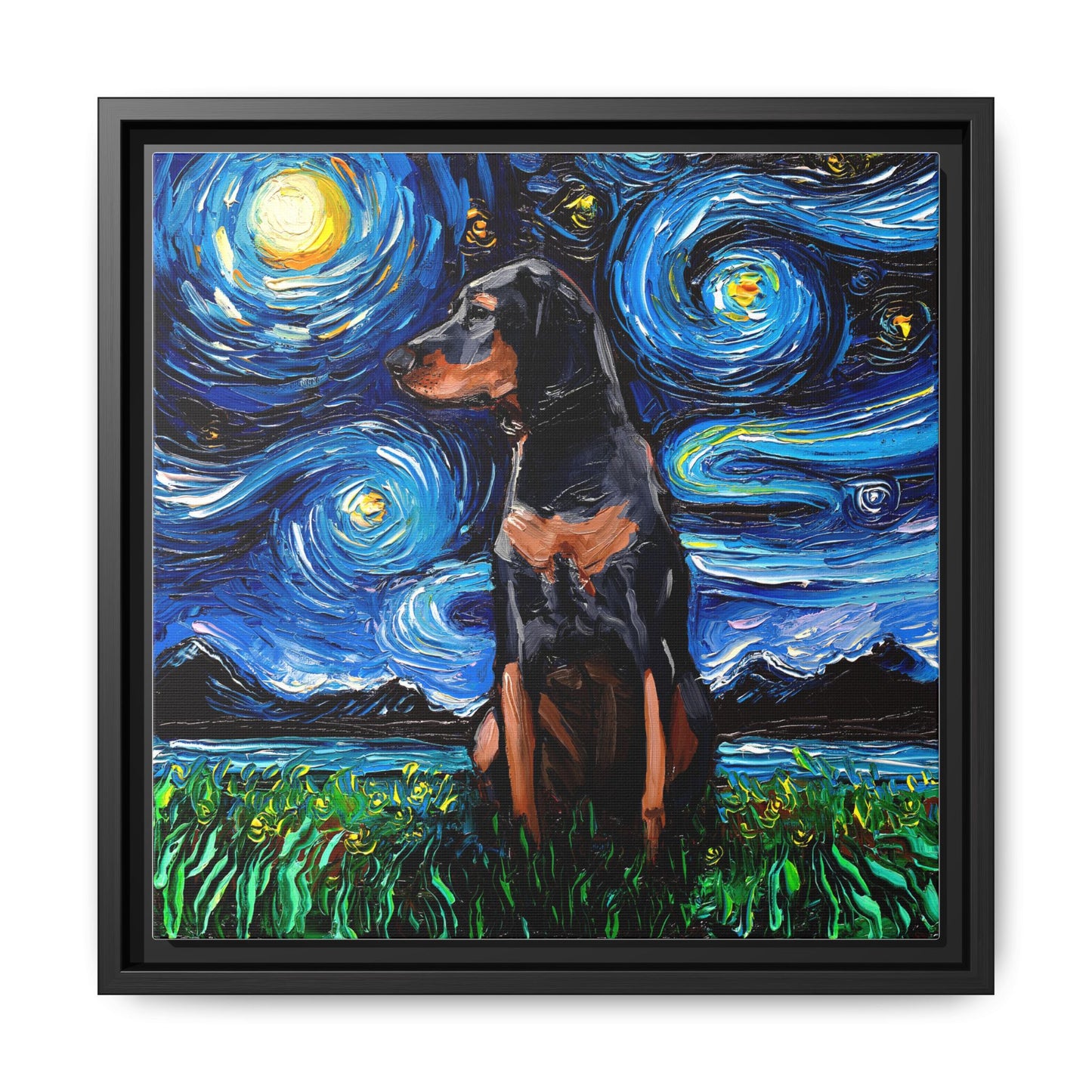 "Black and Tan Coonhound Night" Framed Canvas Wall Art