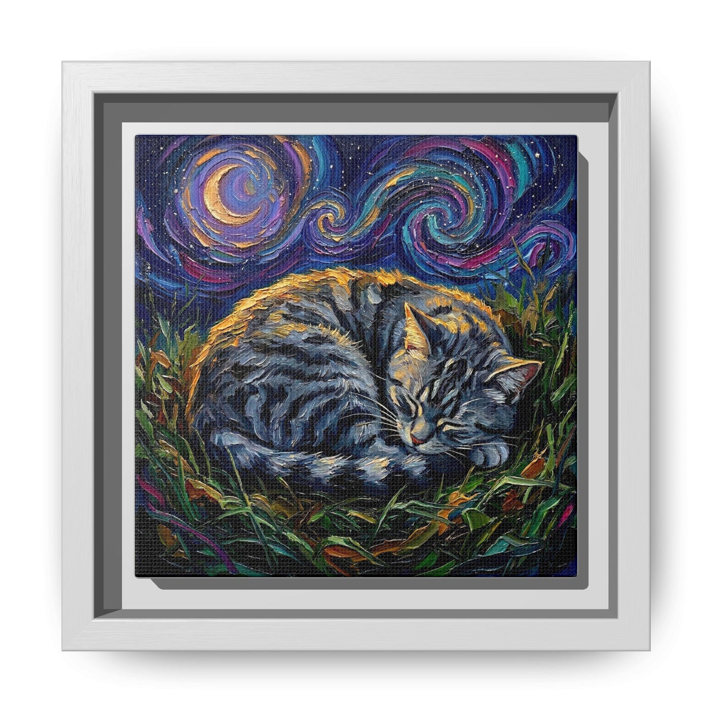 "Sleepy American Shorthair Tabby Night" Framed Canvas Wall Art