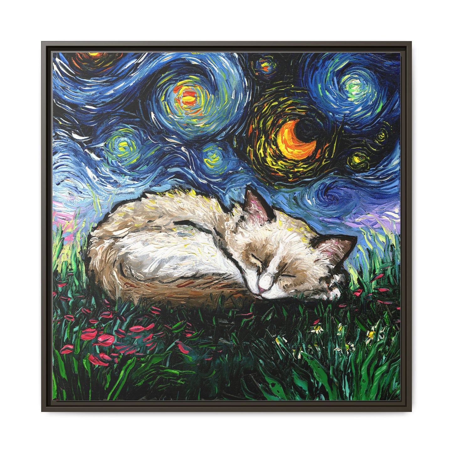 "Sleepy Ragdoll Kitten Night" Framed Canvas Wall Art
