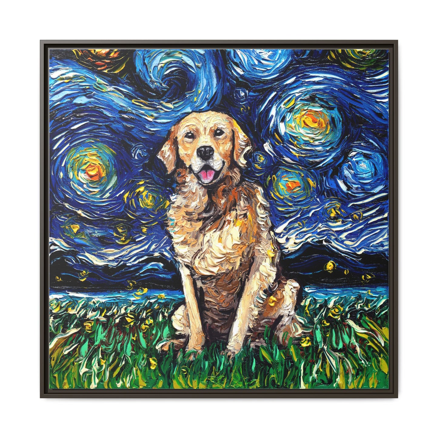 "Golden Retriever Night" Framed Canvas Wall Art