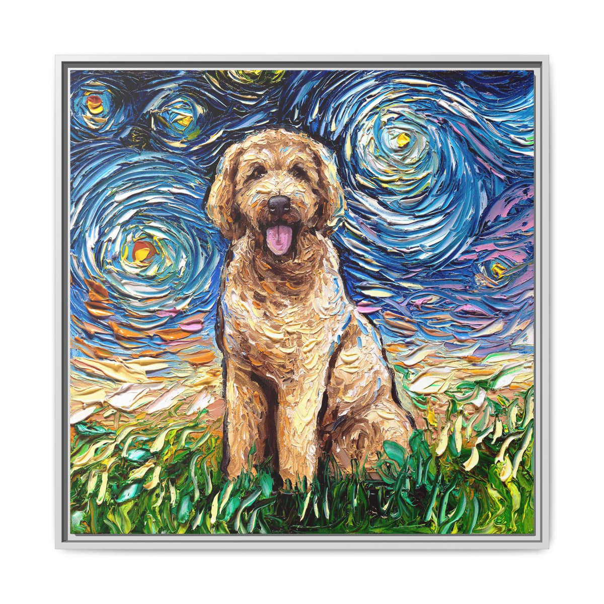 "Goldendoodle Night" Framed Canvas Wall Art
