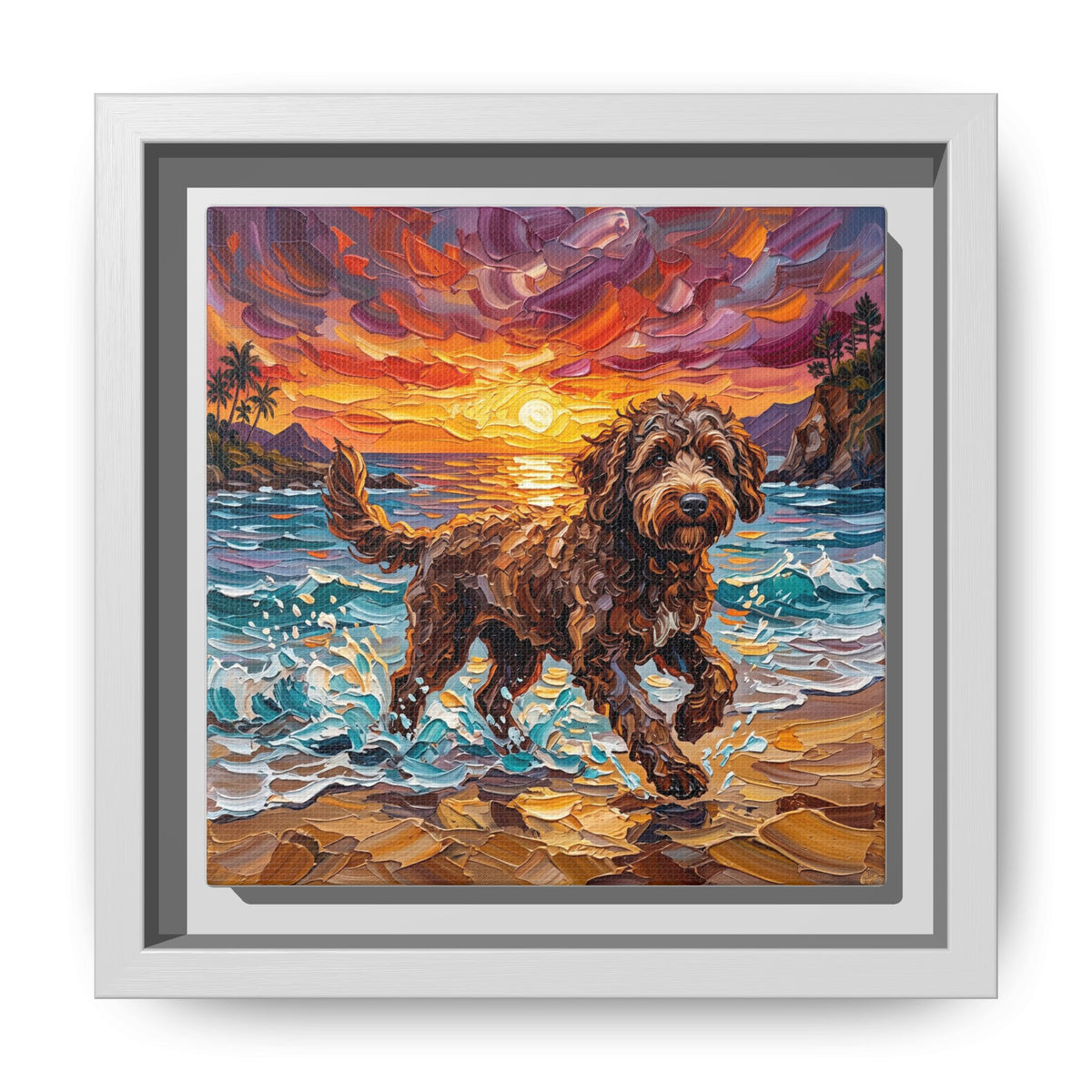 "Beach Day - Brown Goldendoodle" Framed Canvas Wall Art