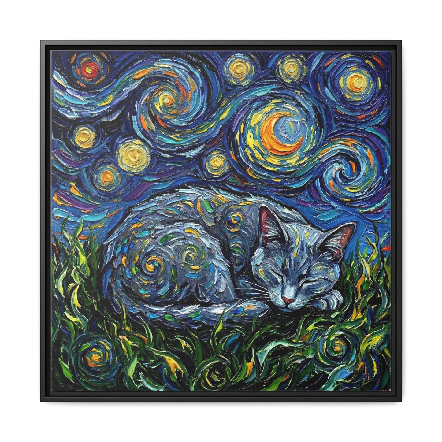 "Sleepy Korat Cat Night" Framed Canvas Wall Art