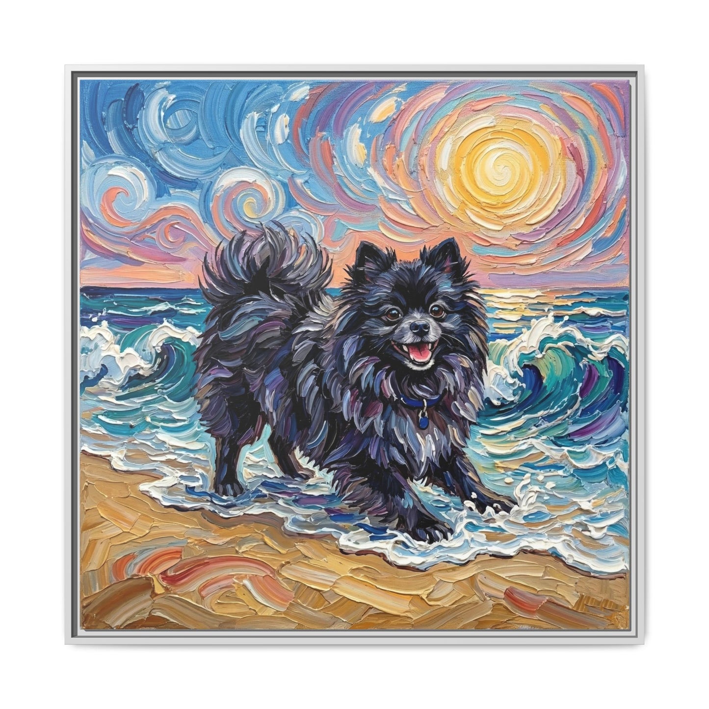 "Beach Day - Black Pomeranian" Framed Canvas Wall Art