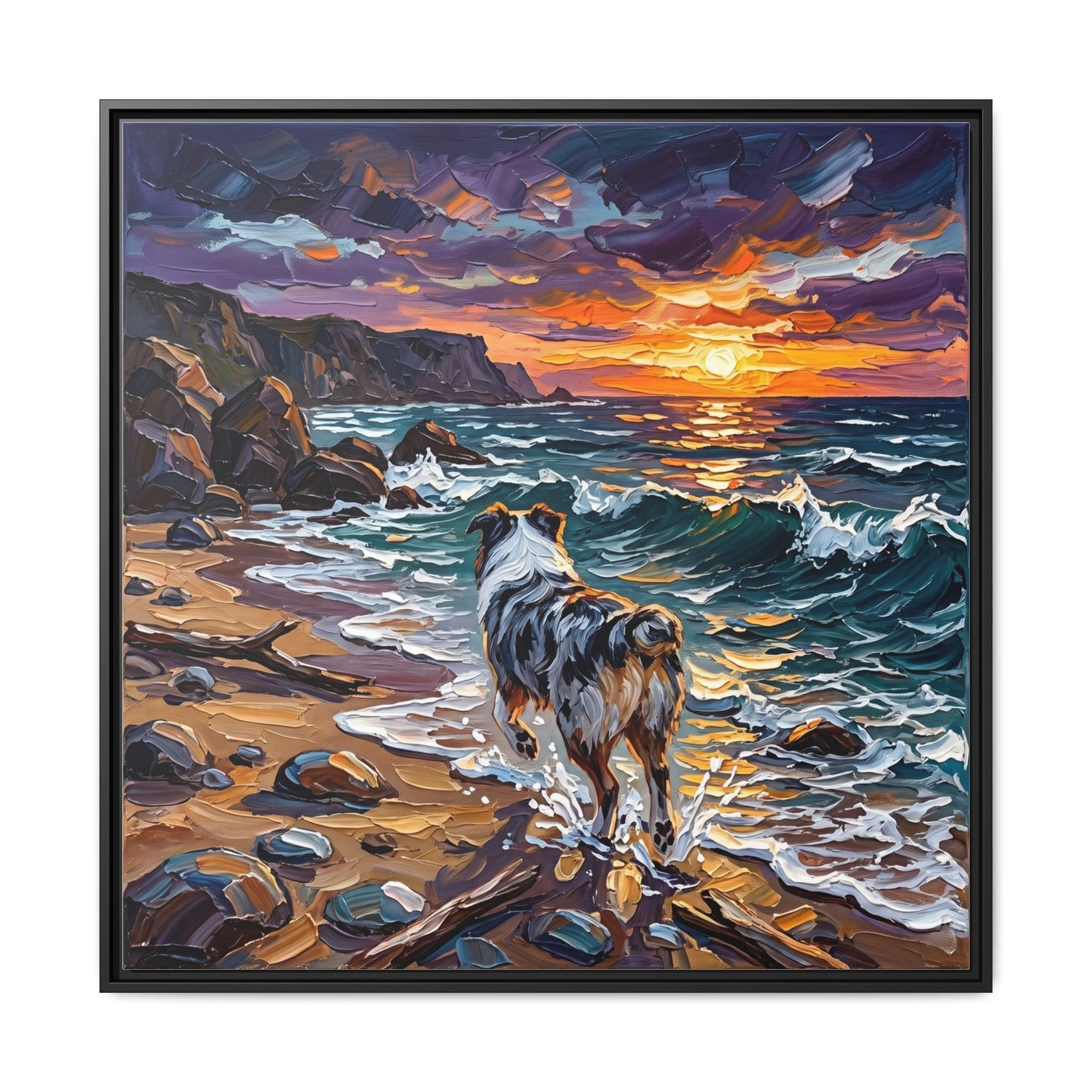 "Beach Day - Merle Aussie Shepherd" Framed Canvas Wall Art