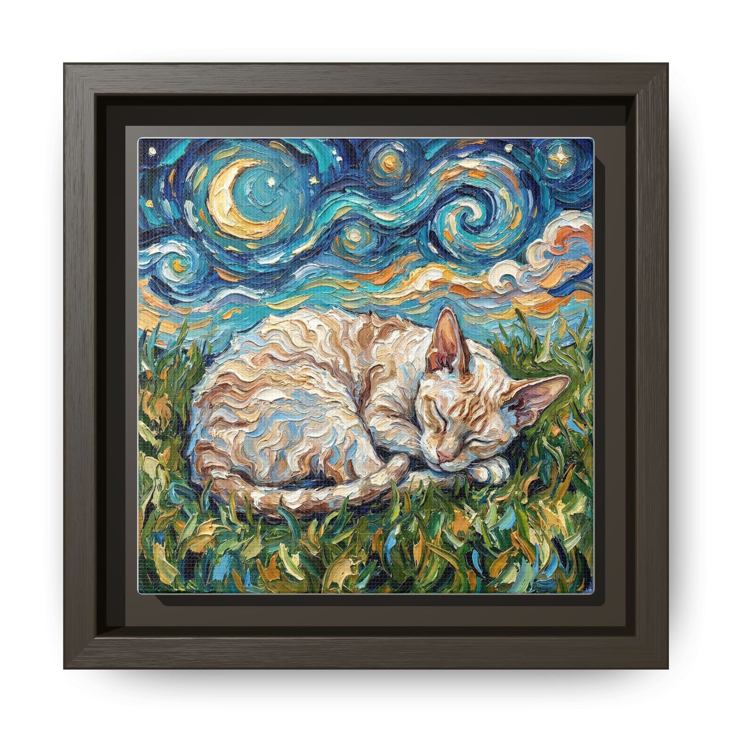 "Sleepy Cornish Rex Night" Framed Canvas Wall Art