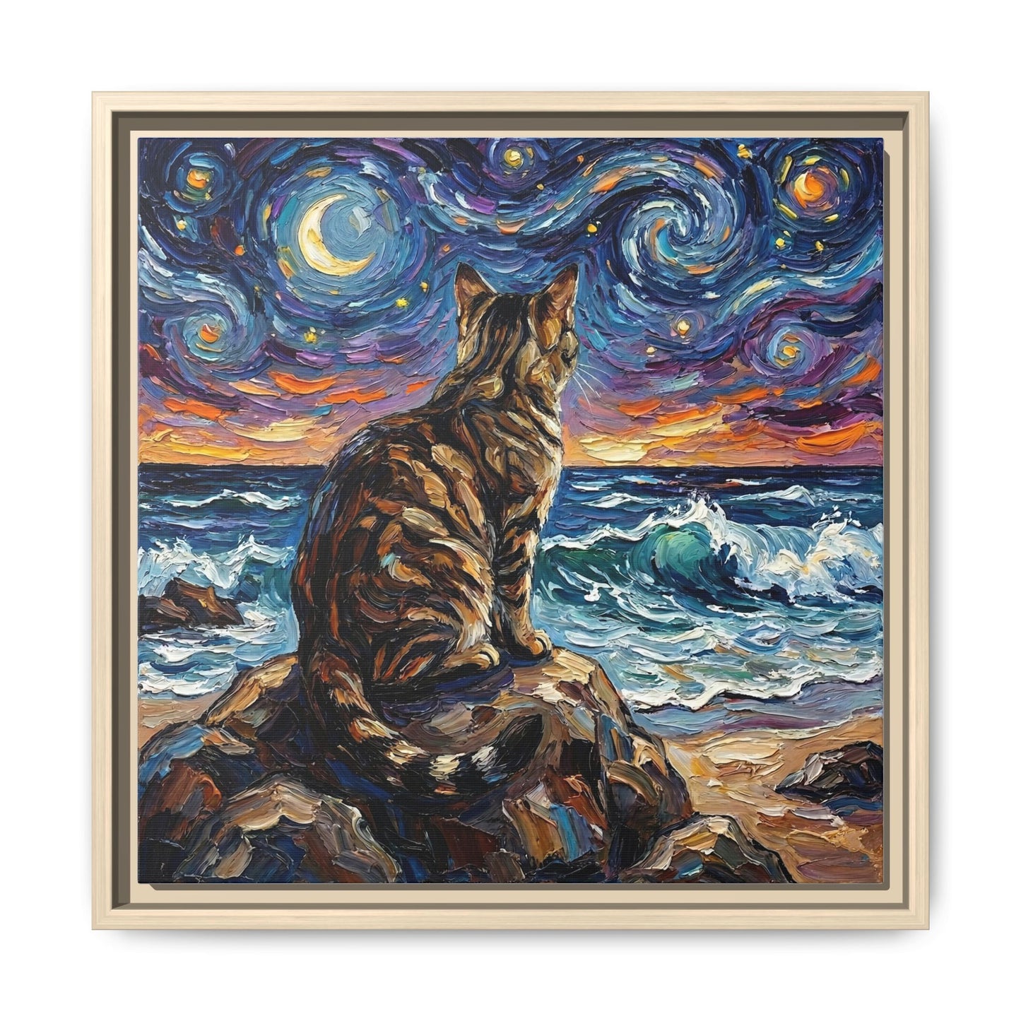 "Beach Night - Brown Tabby" Framed Canvas Wall Art