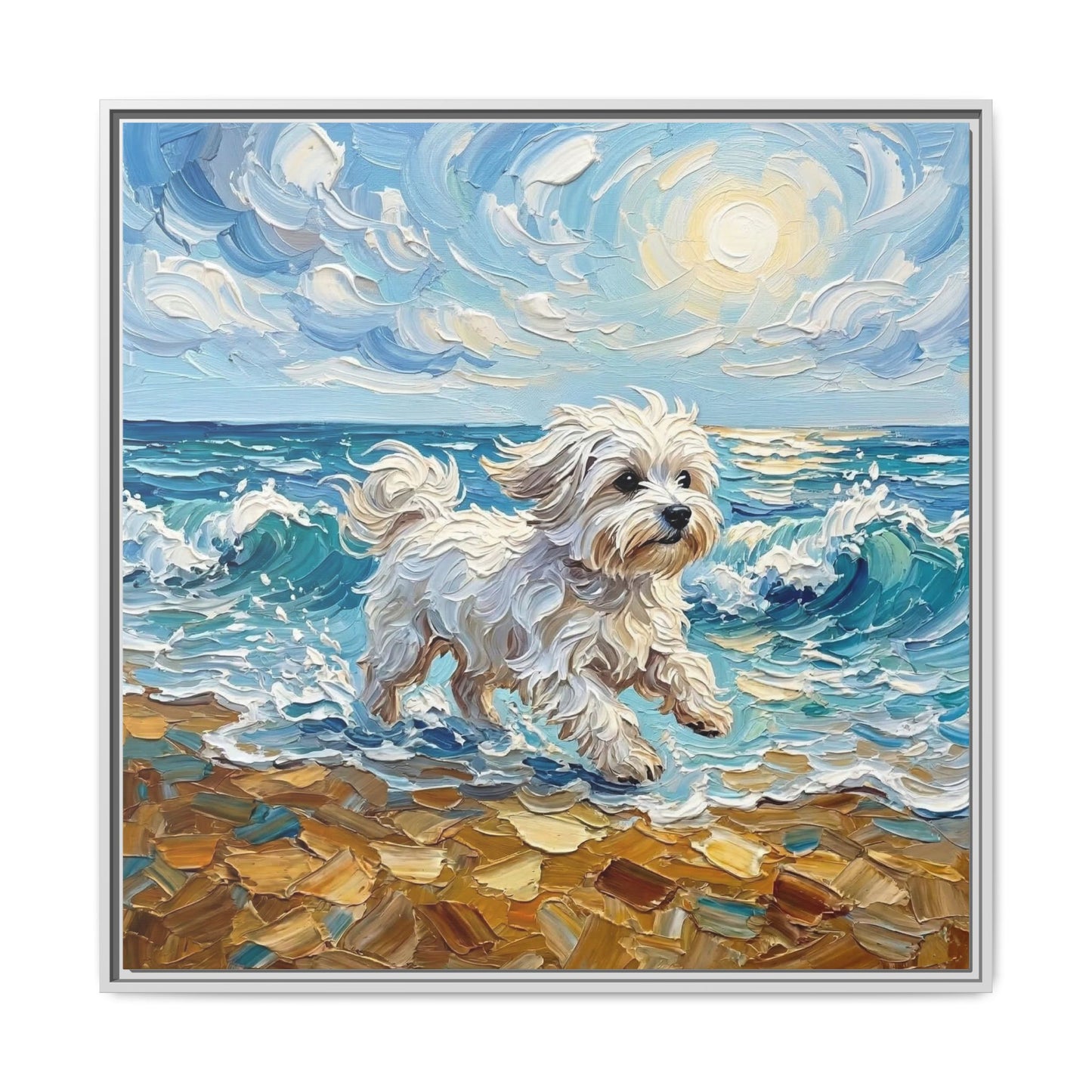 "Beach Day - Maltese" Framed Canvas Wall Art