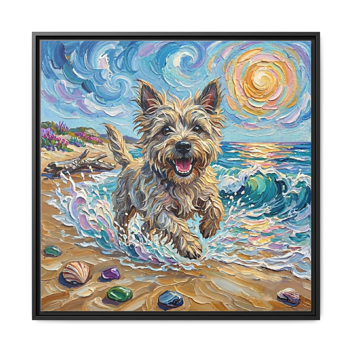 "Beach Days - Cairn Terrier" Framed Canvas Wall Art