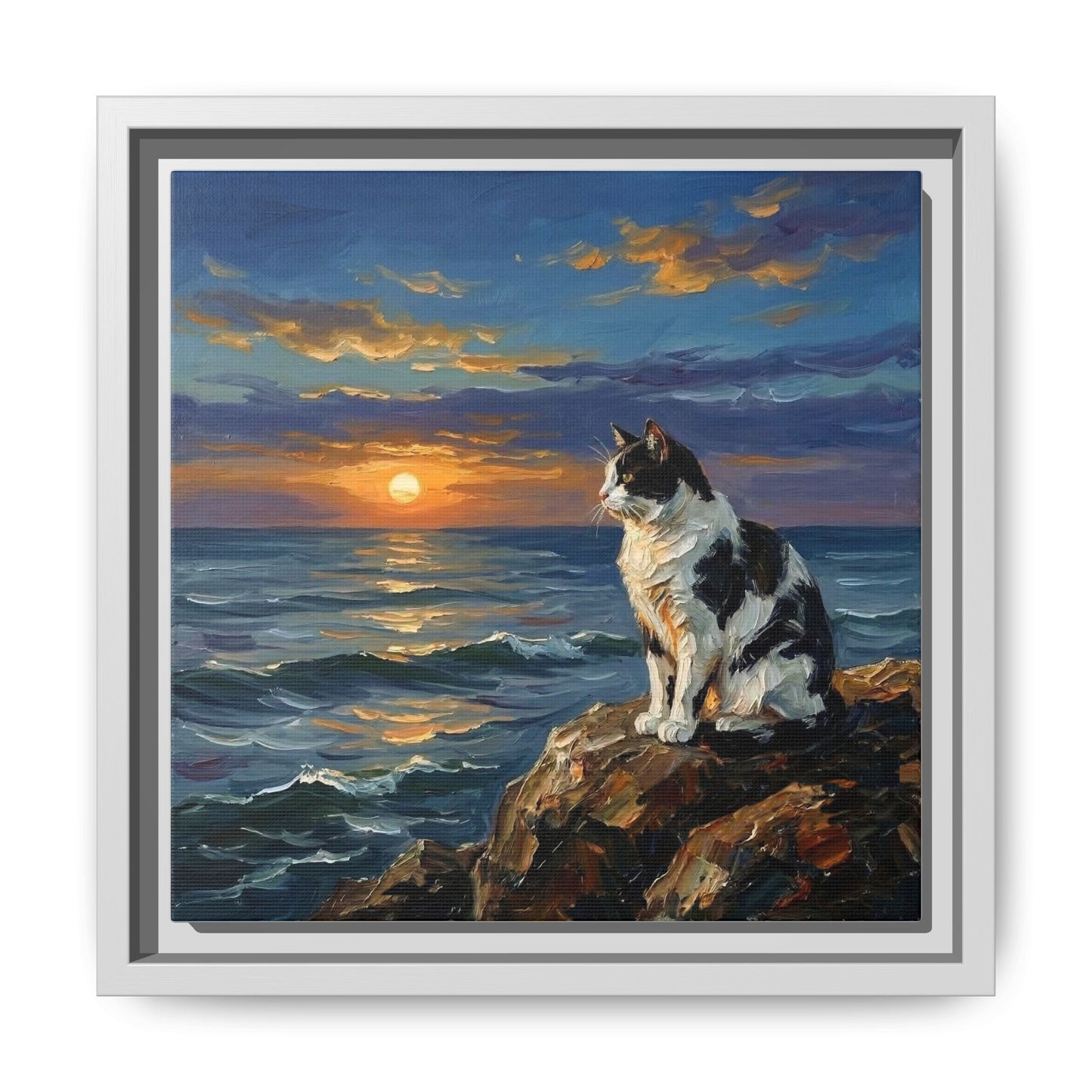 "Beach Day - Magpie Cat" Framed Canvas Wall Art