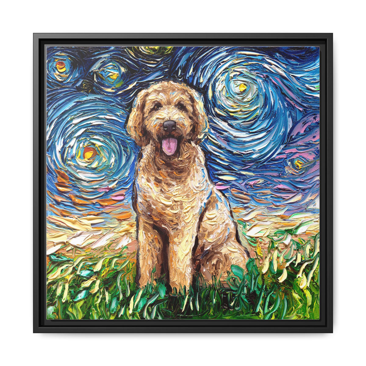 "Goldendoodle Night" Framed Canvas Wall Art