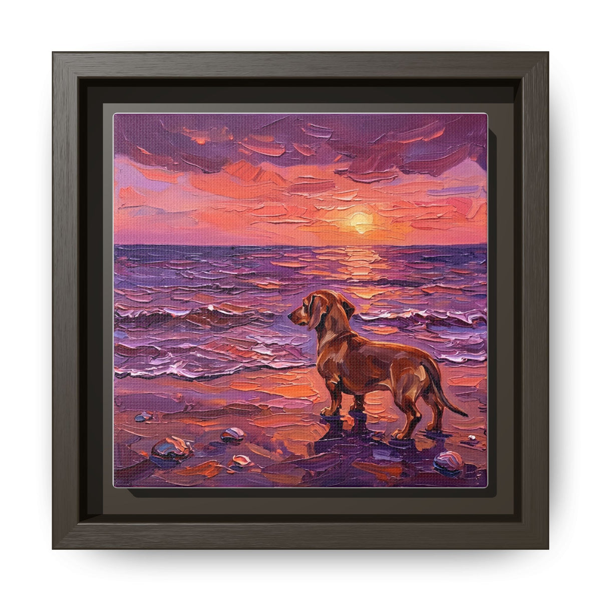 "Beach Day - Brown Dachshund" Framed Canvas Wall Art