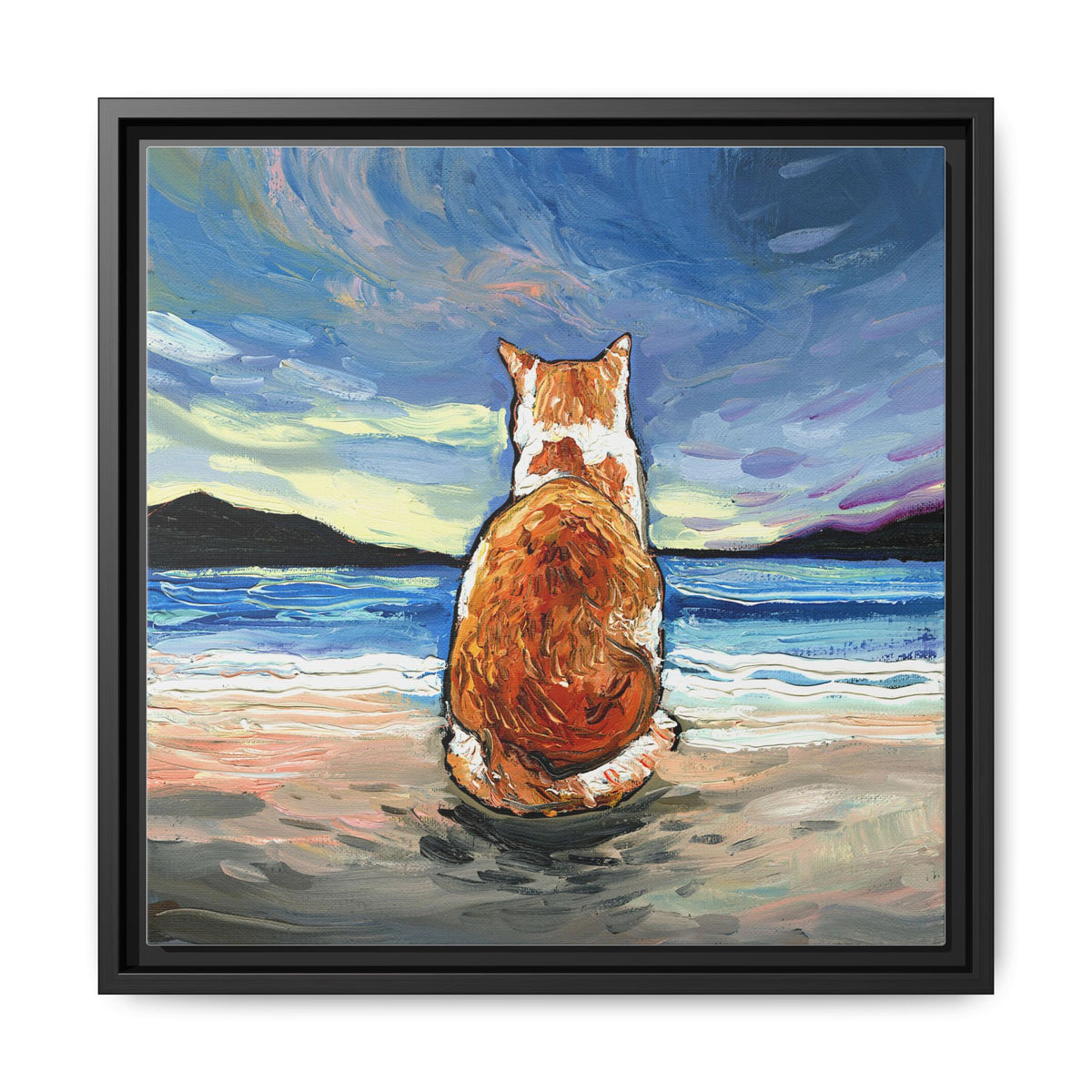 "Beach Day - Orange and White Tabby Cat" Framed Canvas Wall Art