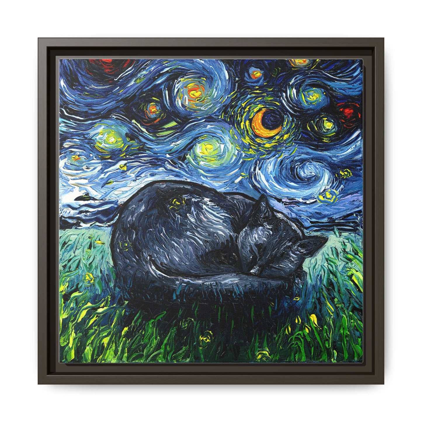 "Sleepy Black Cat Night" Framed Canvas Wall Art