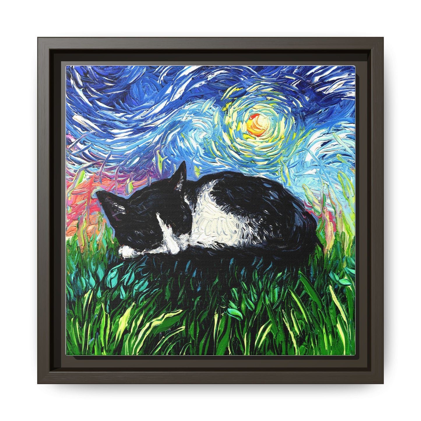 "Sleepy Tuxedo Kitten" Framed Canvas Wall Art