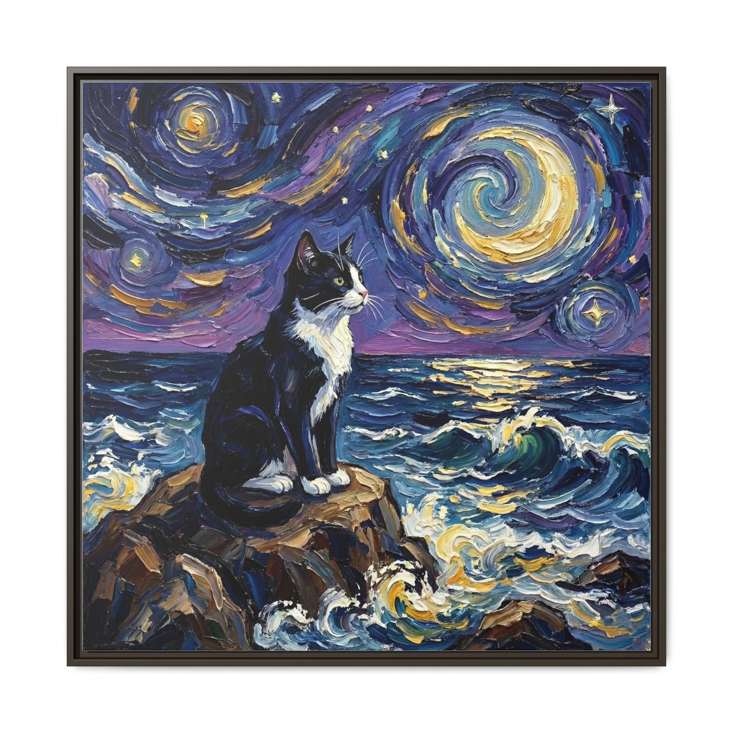 "Beach Night - Tuxedo Cat" Framed Canvas Wall Art