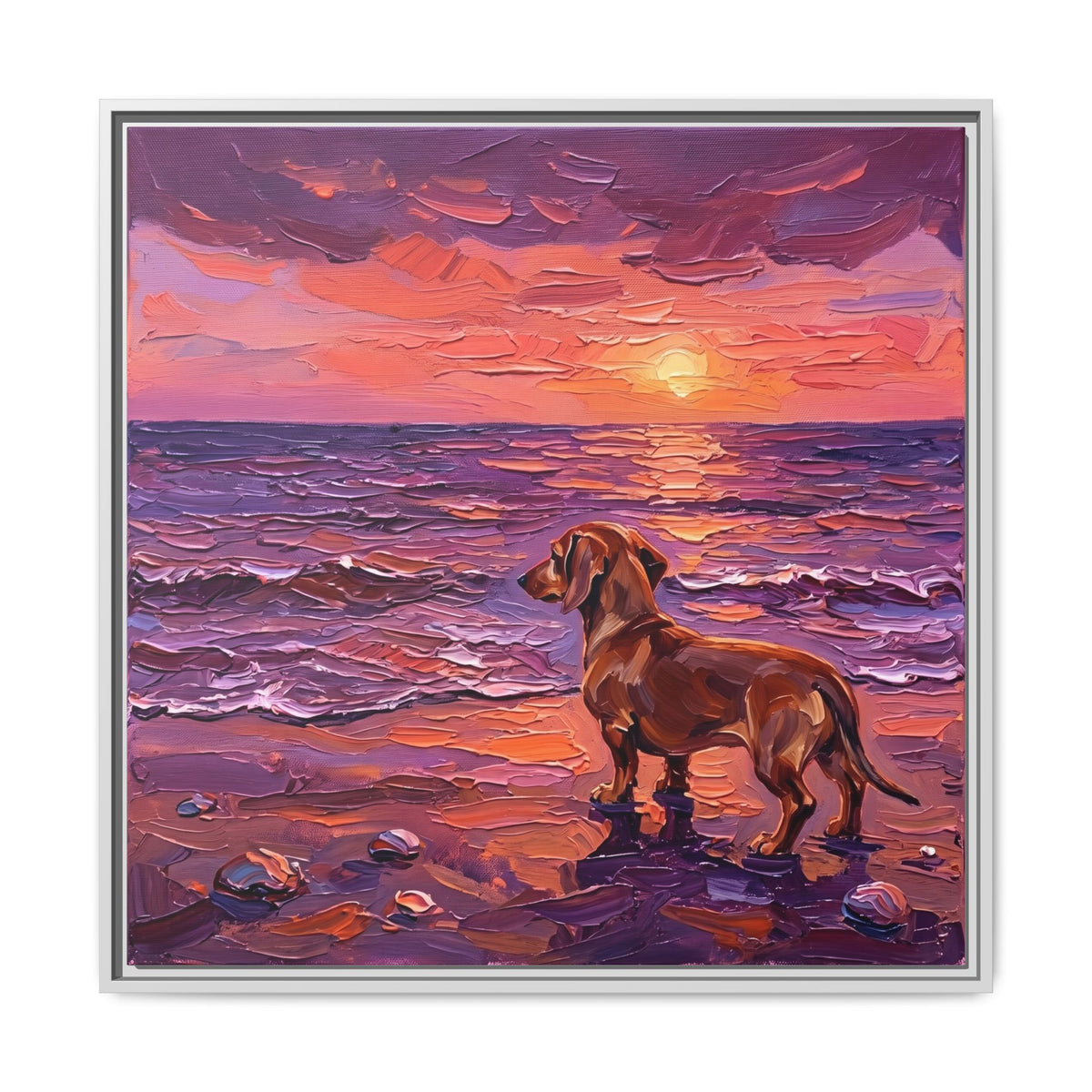 "Beach Day - Brown Dachshund" Framed Canvas Wall Art
