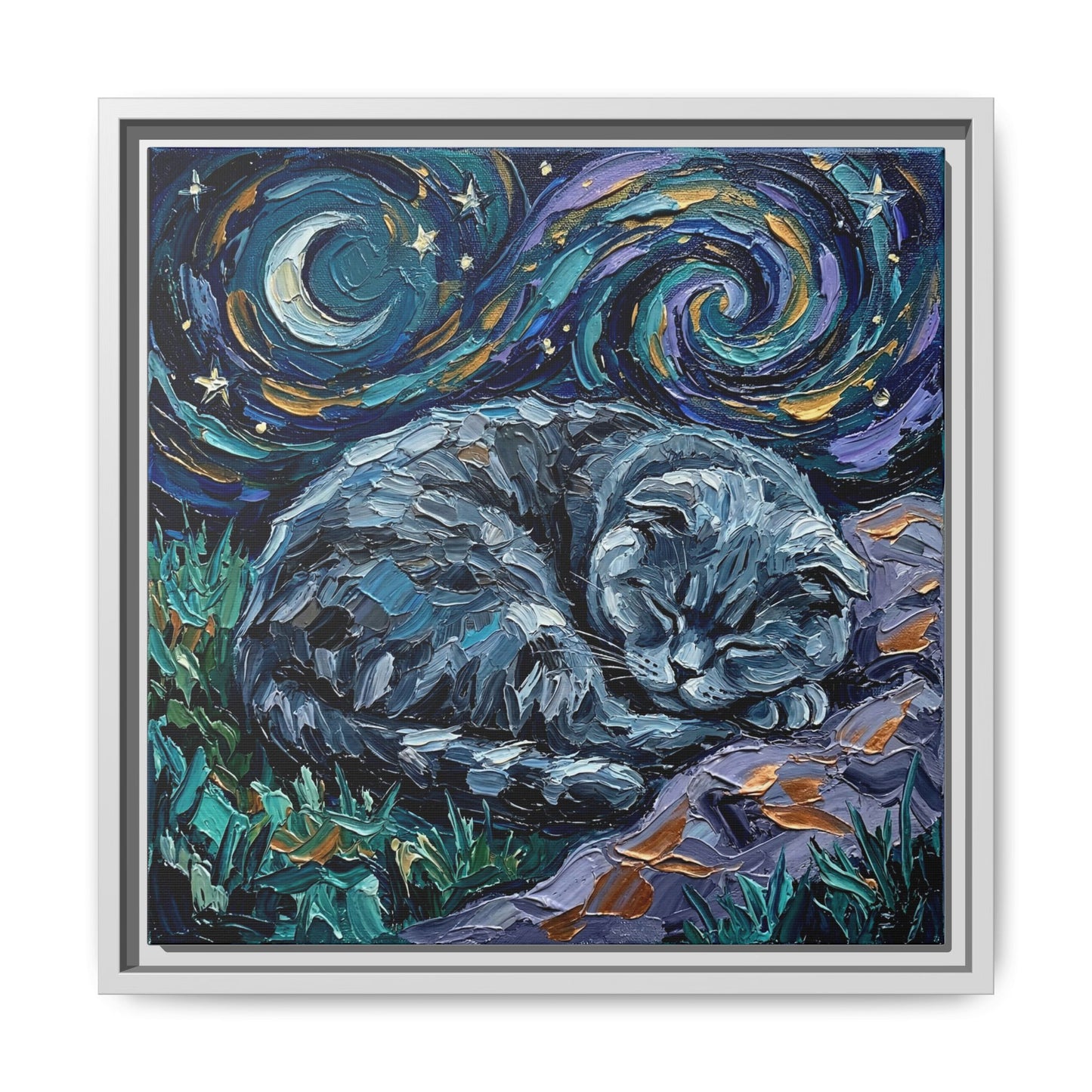"Sleepy Scottish Fold Night" Framed Canvas Wall Art