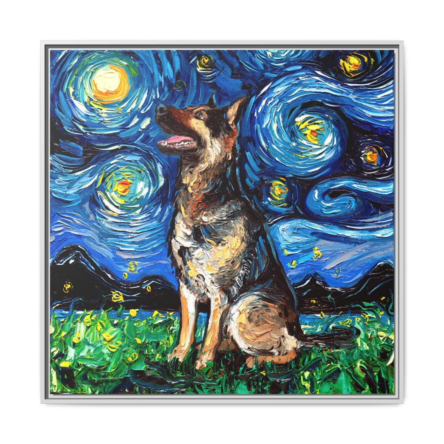 "German Shepherd Night" Framed Canvas Wall Art
