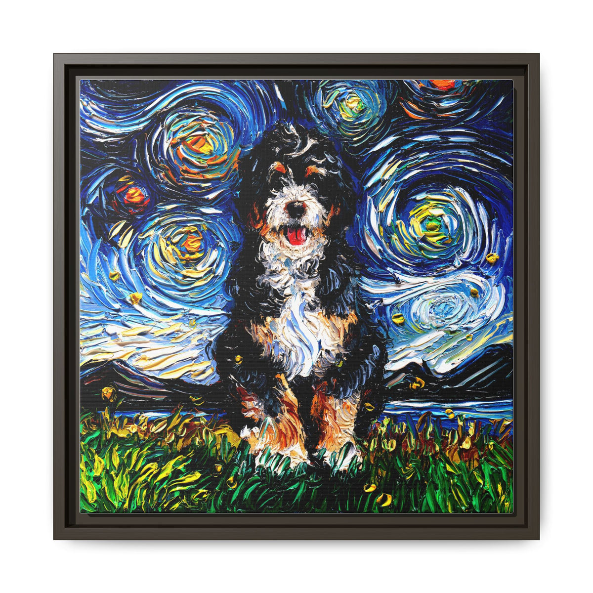"Bernedoodle Night" Framed Canvas Wall Art