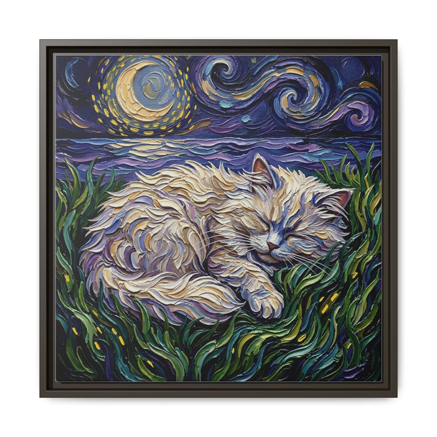 "Sleepy White Persian Night" Framed Canvas Wall Art