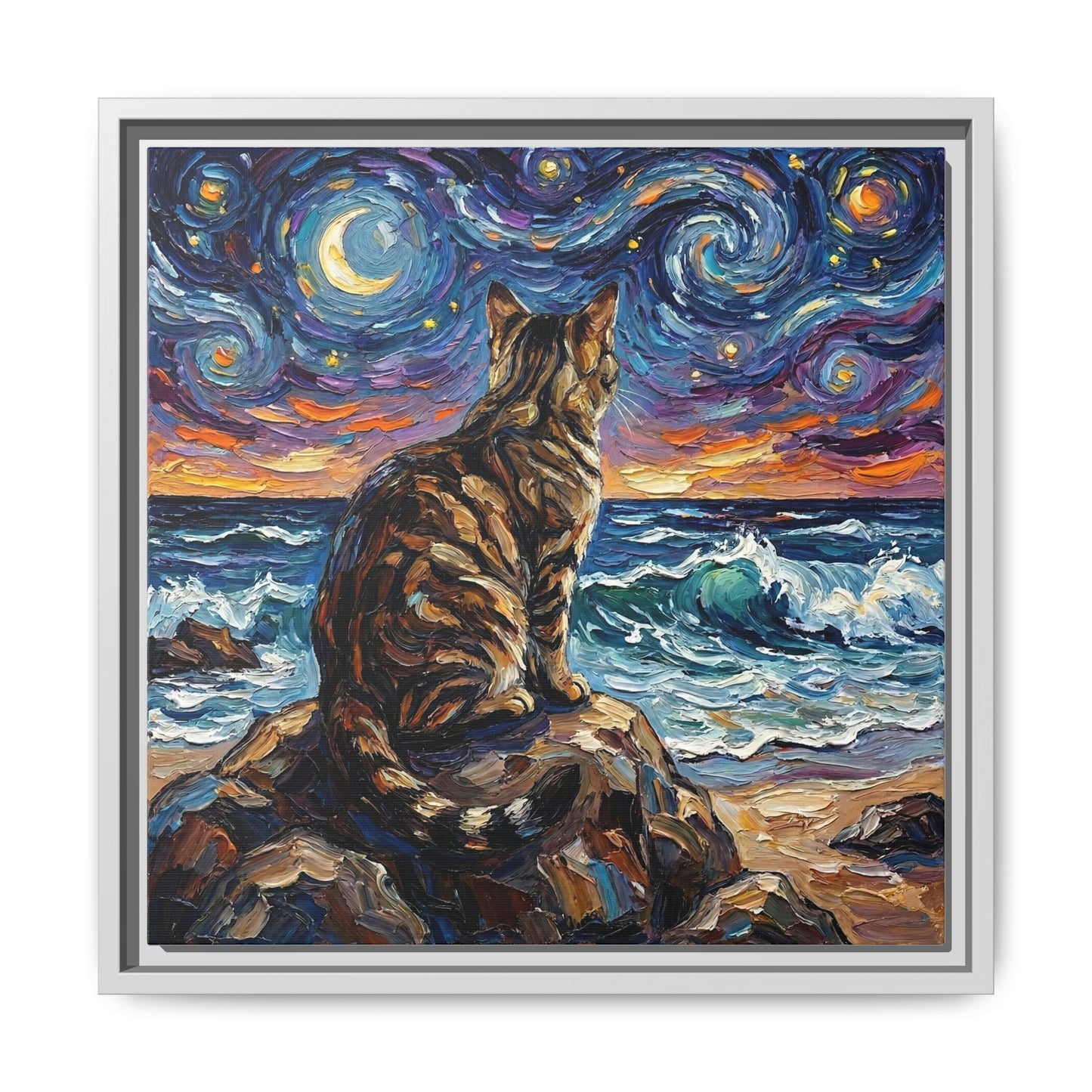 "Beach Night - Brown Tabby" Framed Canvas Wall Art