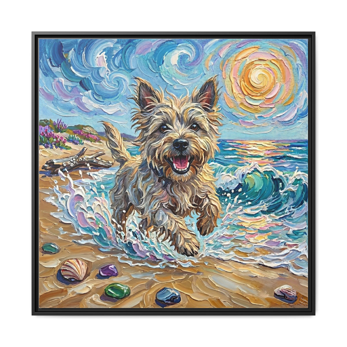 "Beach Days - Cairn Terrier" Framed Canvas Wall Art