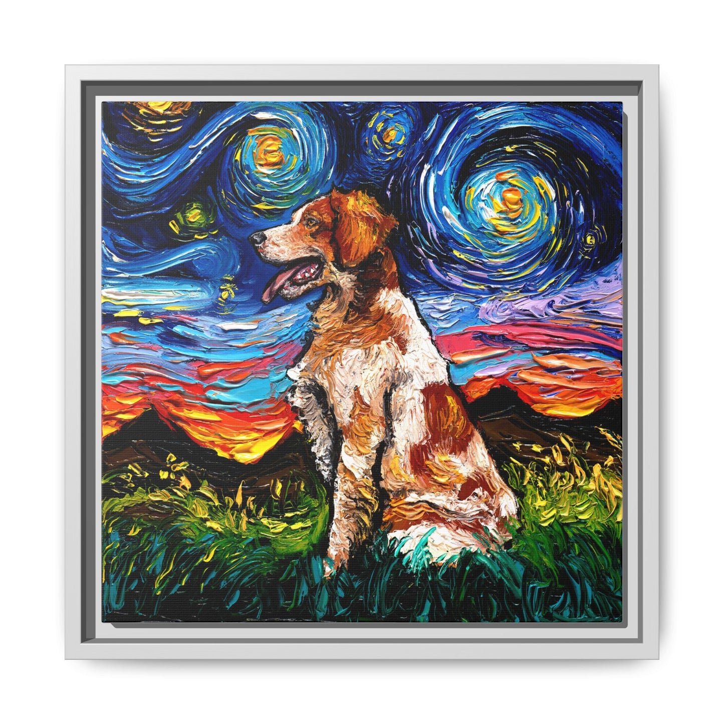 "Brittany Spaniel Night" Framed Canvas Wall Art