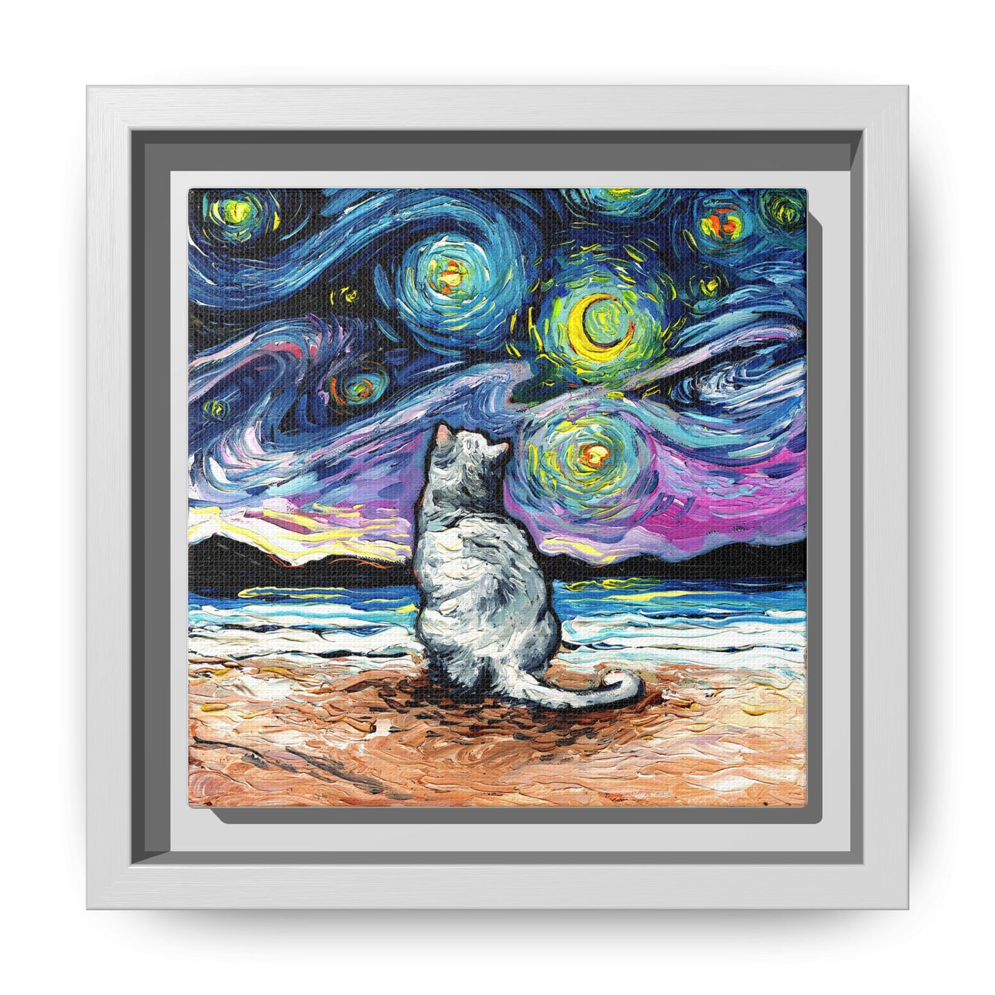 "White Cat Night 2" Framed Canvas Wall Art