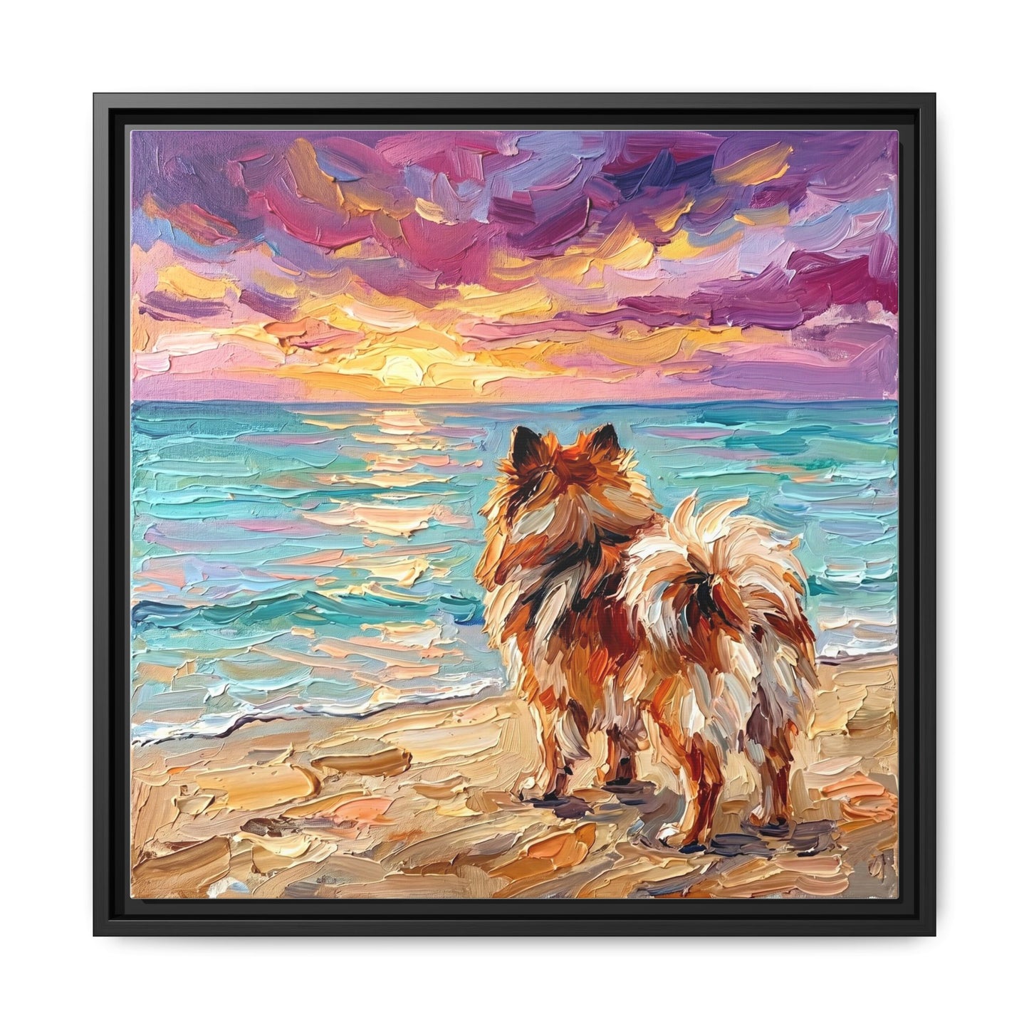 "Beach Sunset - Pomeranian" Framed Canvas Wall Art