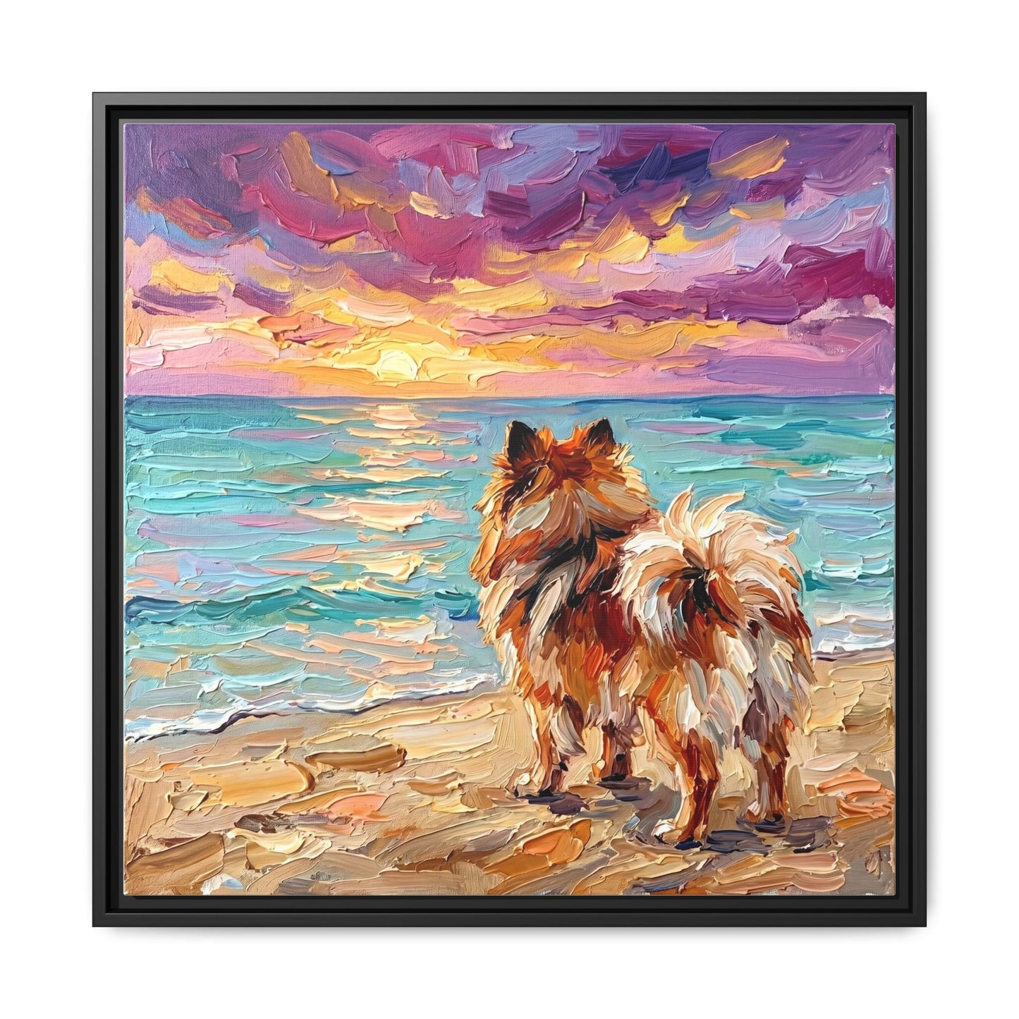 "Beach Sunset - Pomeranian" Framed Canvas Wall Art