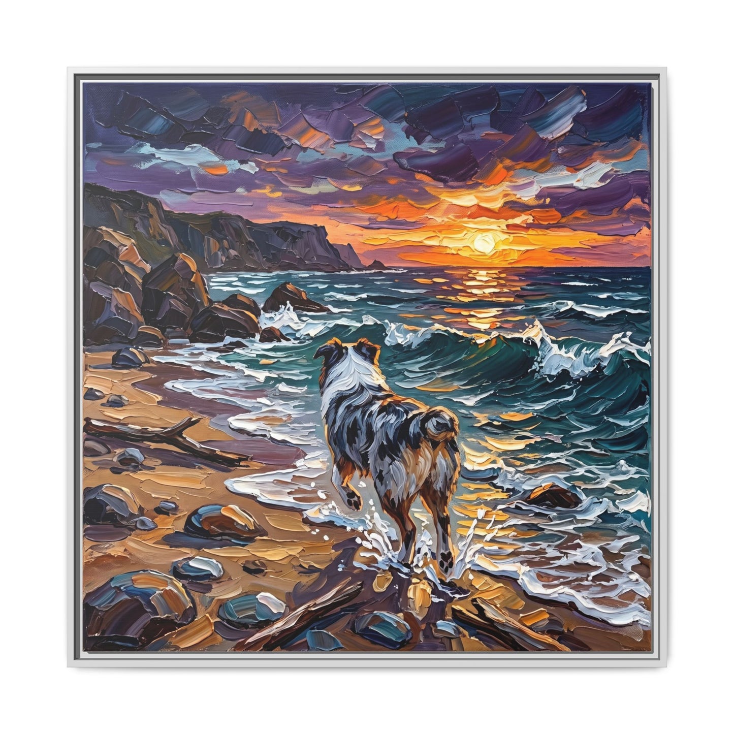 "Beach Day - Merle Aussie Shepherd" Framed Canvas Wall Art