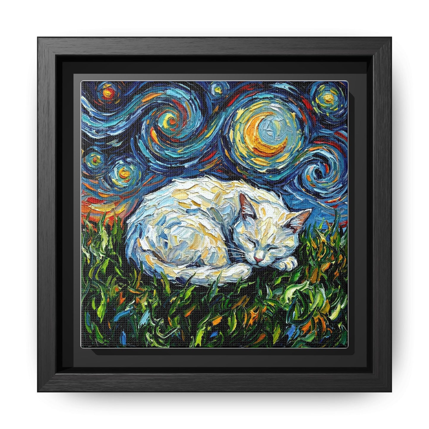 "Sleepy White Cat Night" Framed Canvas Wall Art