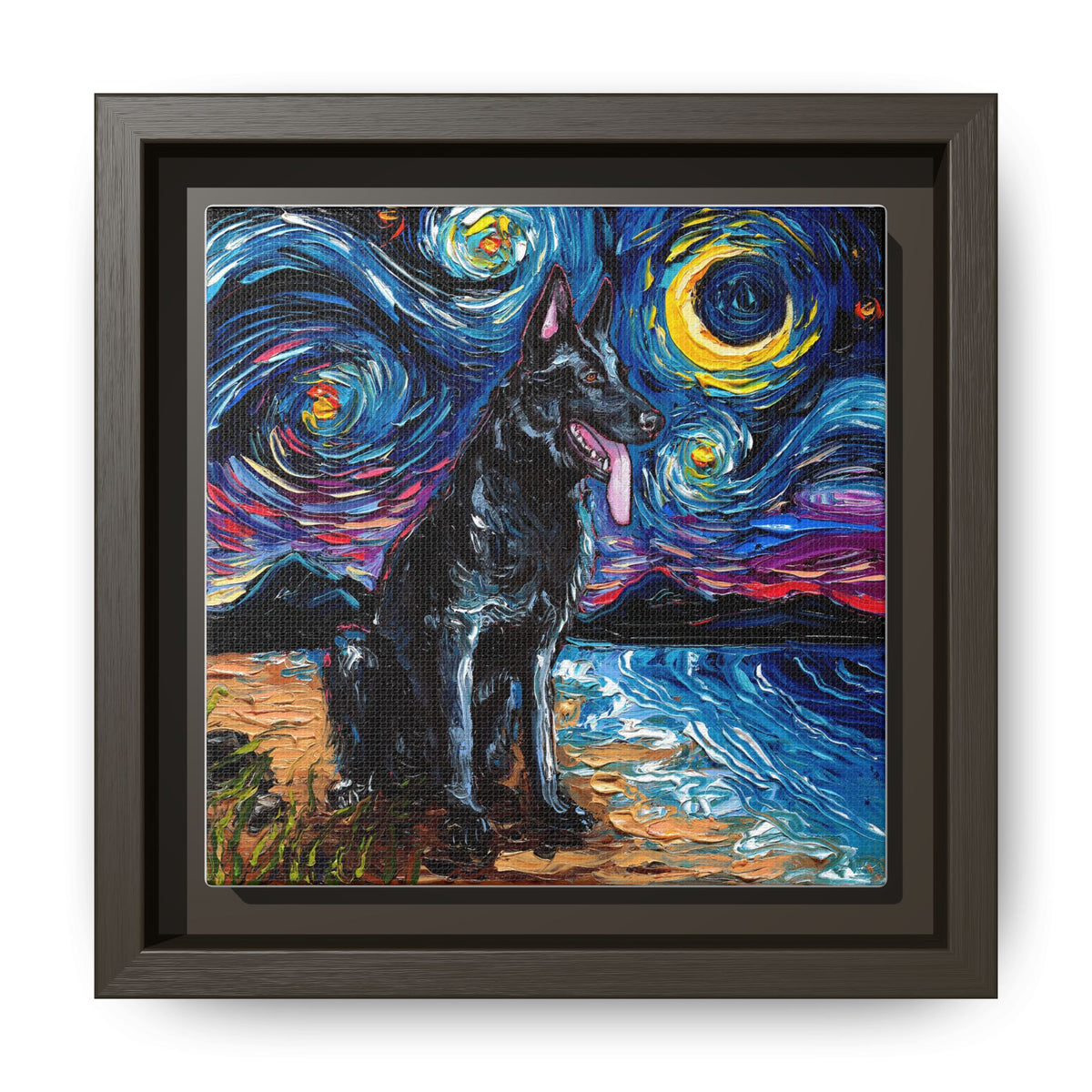 "Black German Shepherd Night" Framed Canvas Wall Art
