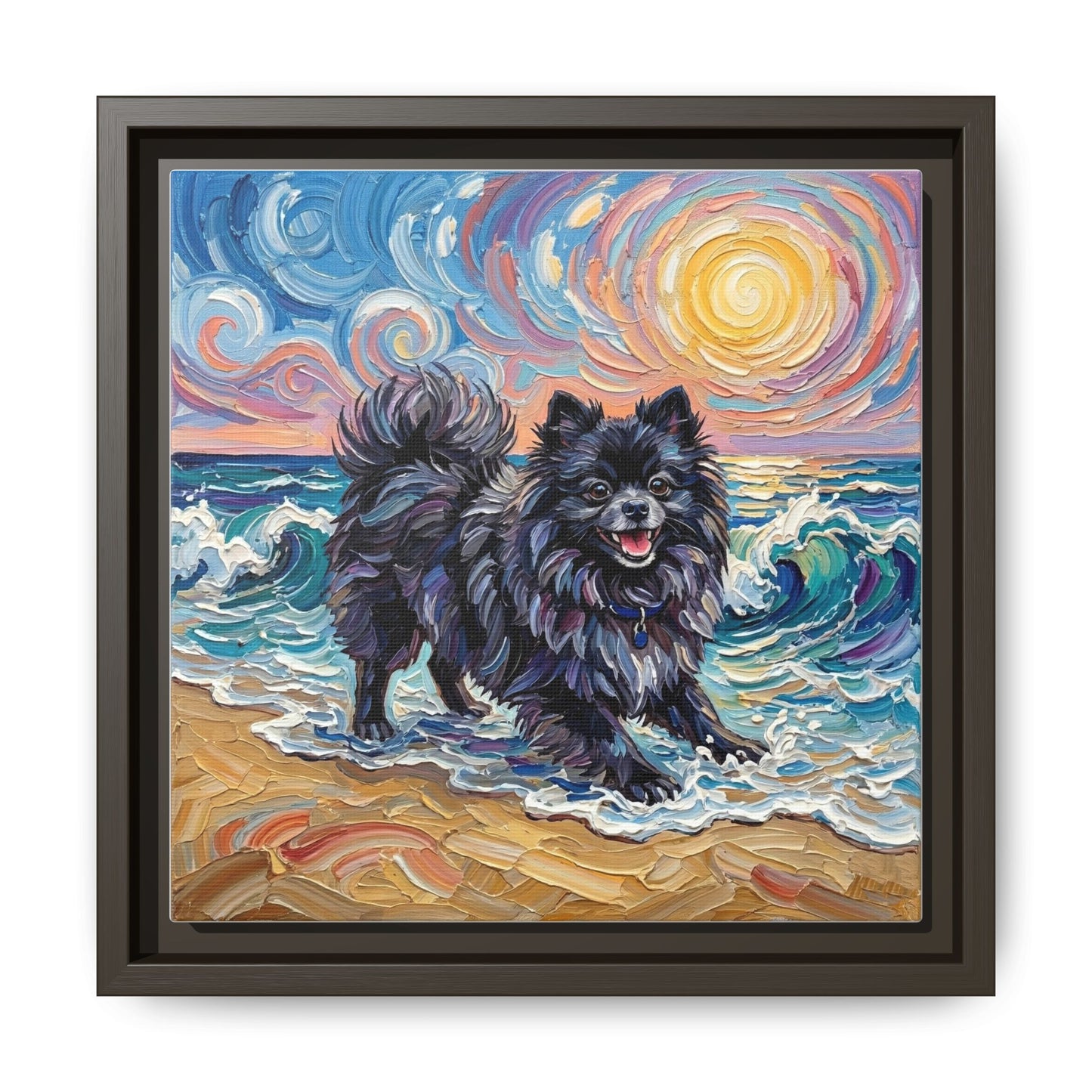 "Beach Day - Black Pomeranian" Framed Canvas Wall Art