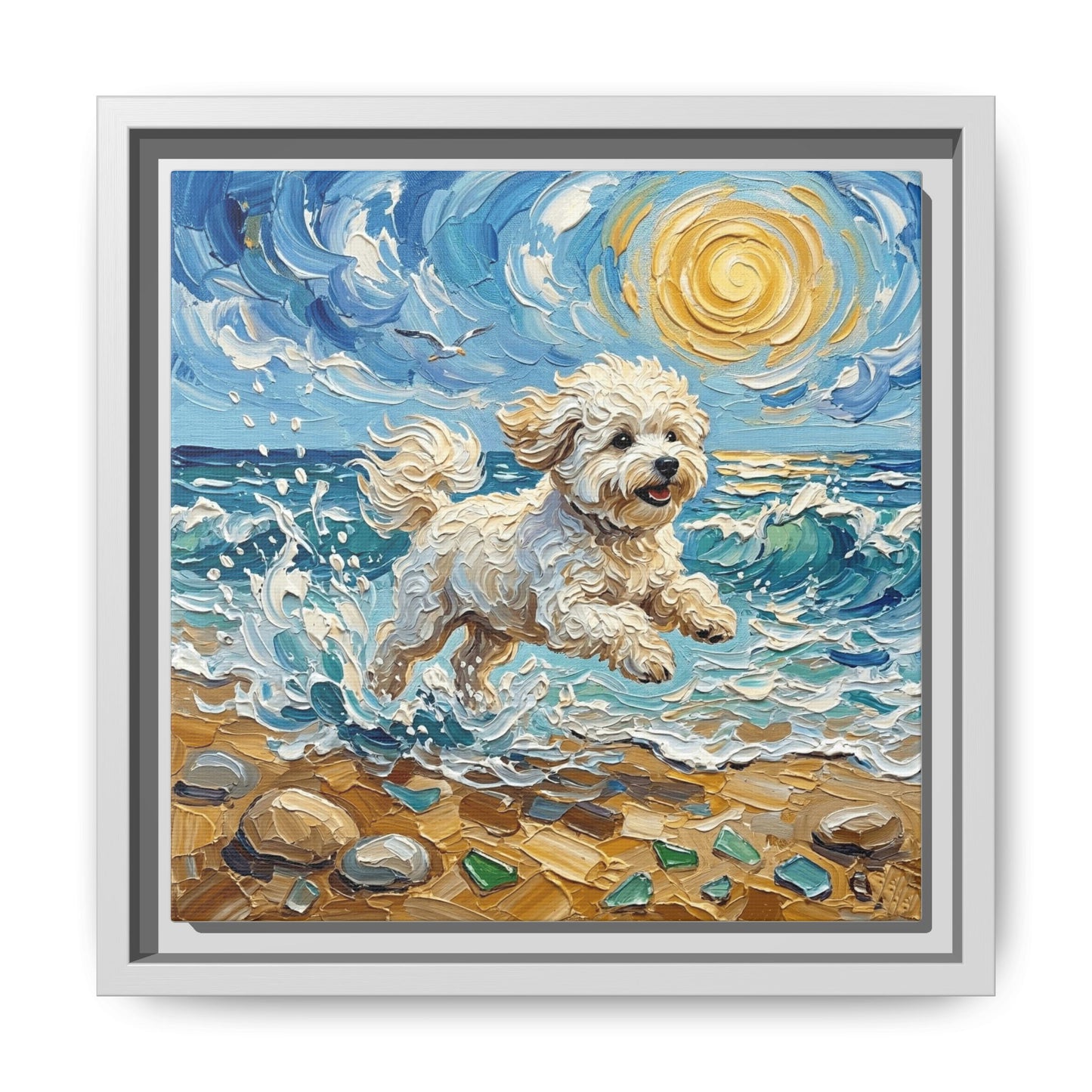 "Beach Day - Bichon Frise" Framed Canvas Wall Art