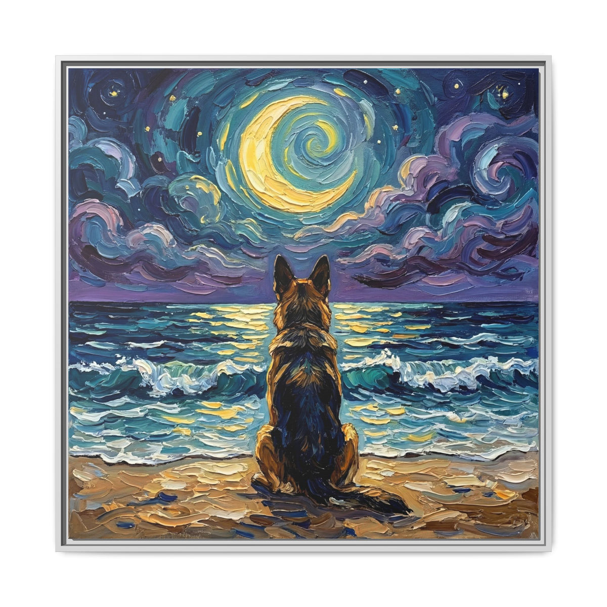 "Beach Night - German Shepherd" Framed Canvas Wall Art