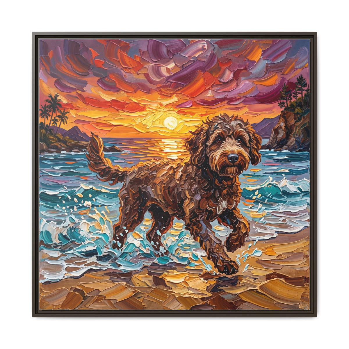 "Beach Day - Brown Goldendoodle" Framed Canvas Wall Art