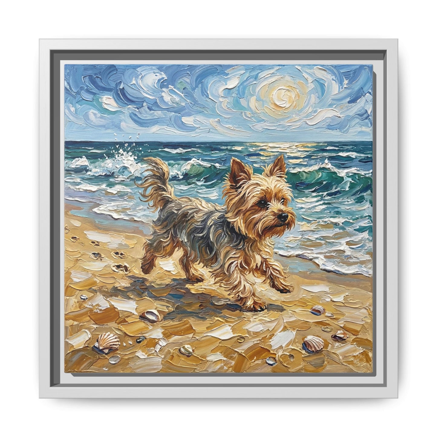 "Beach Day - Yorkie" Framed Canvas Wall Art