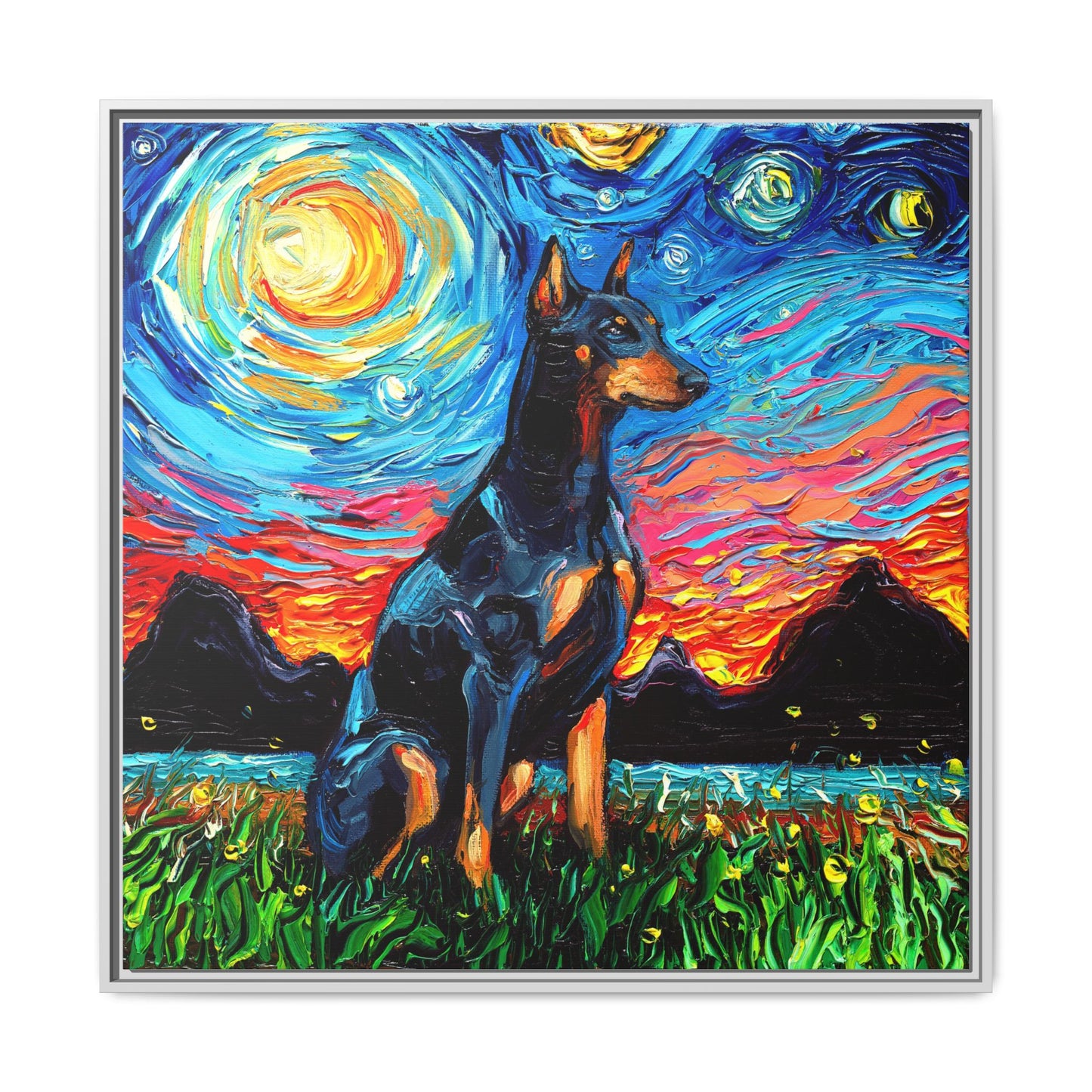 "Doberman Night" Framed Canvas Wall Art