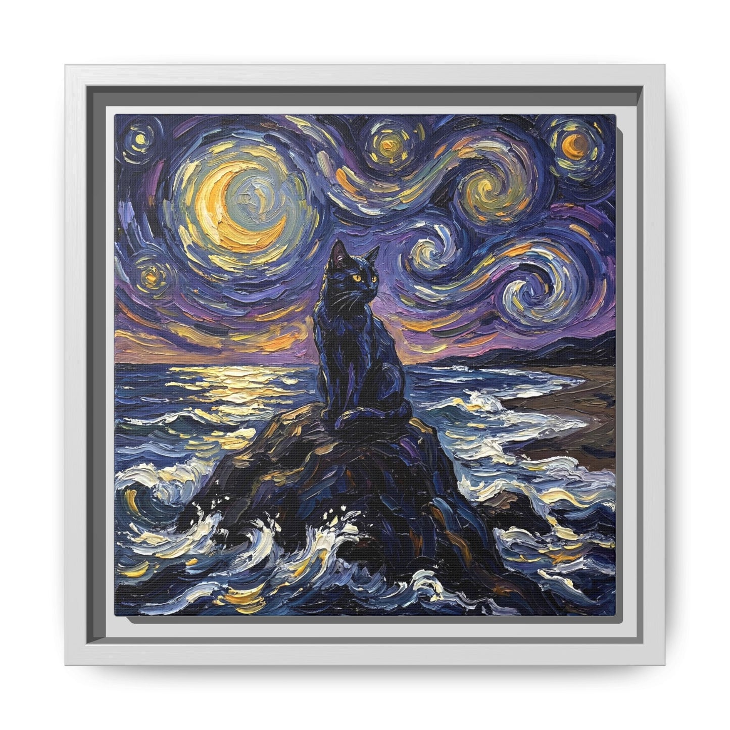"Beach Night - Black Cat" Framed Canvas Wall Art