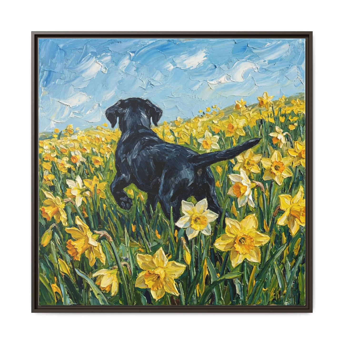"Amongst The Flowers - Black Labrador" Framed Canvas Wall Art