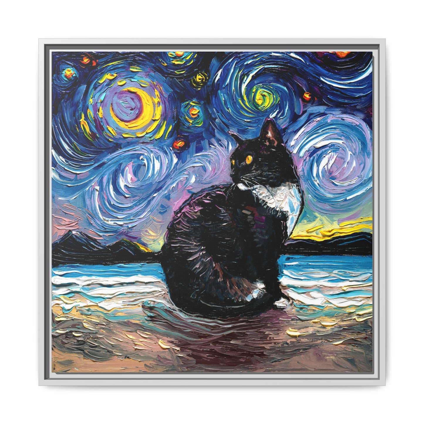"Tuxedo Cat Night 2" Framed Canvas Wall Art