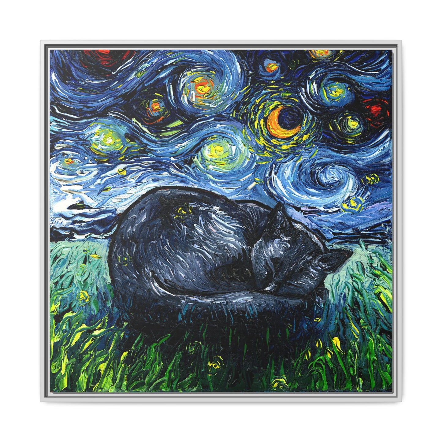 "Sleepy Black Cat Night" Framed Canvas Wall Art