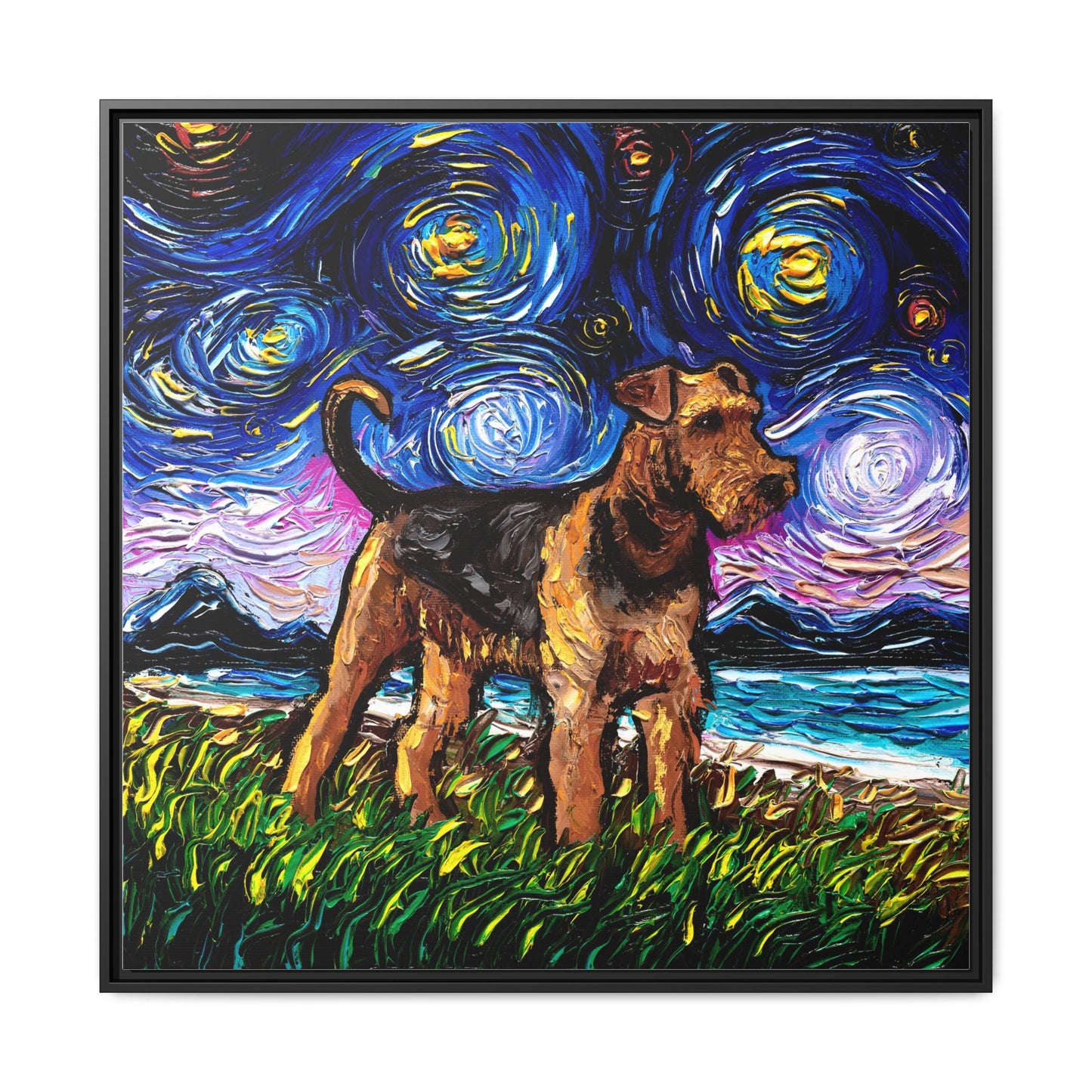 "Airedale Terrier Night" Framed Canvas Wall Art