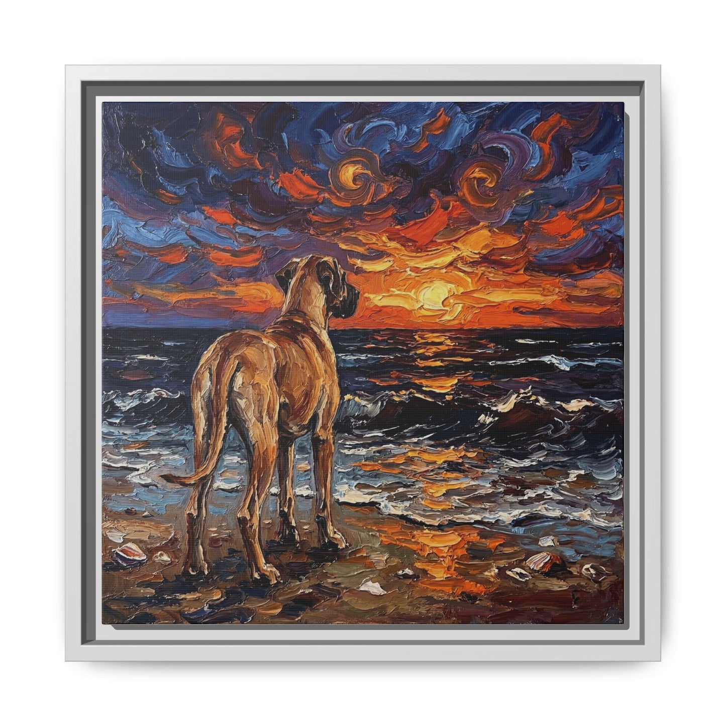 "Beach Sunset - Fawn Great Dane" Framed Canvas Wall Art