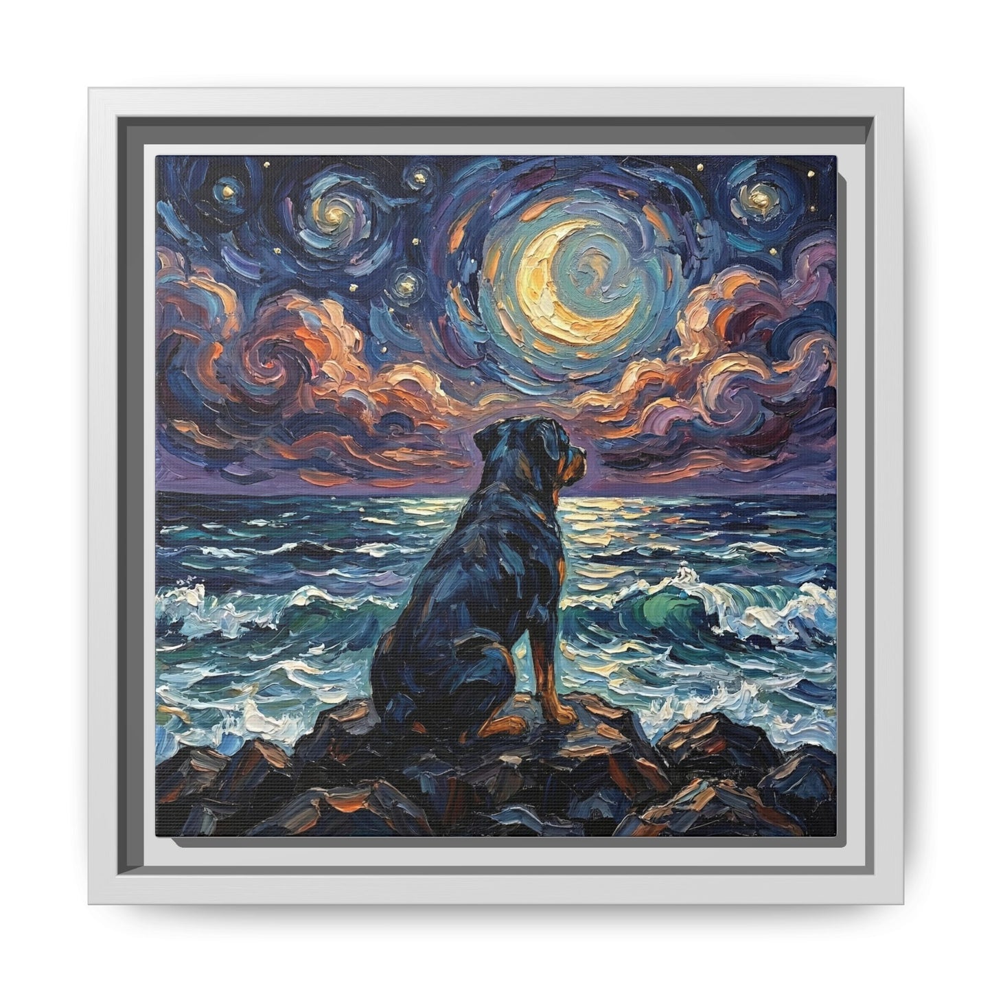 "Beach Nights - Rottweiler" Framed Canvas Wall Art