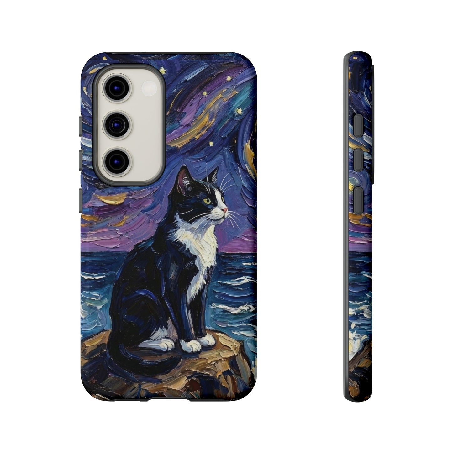 Tuxedo Cat Coastal Starry Night Art Phone Case