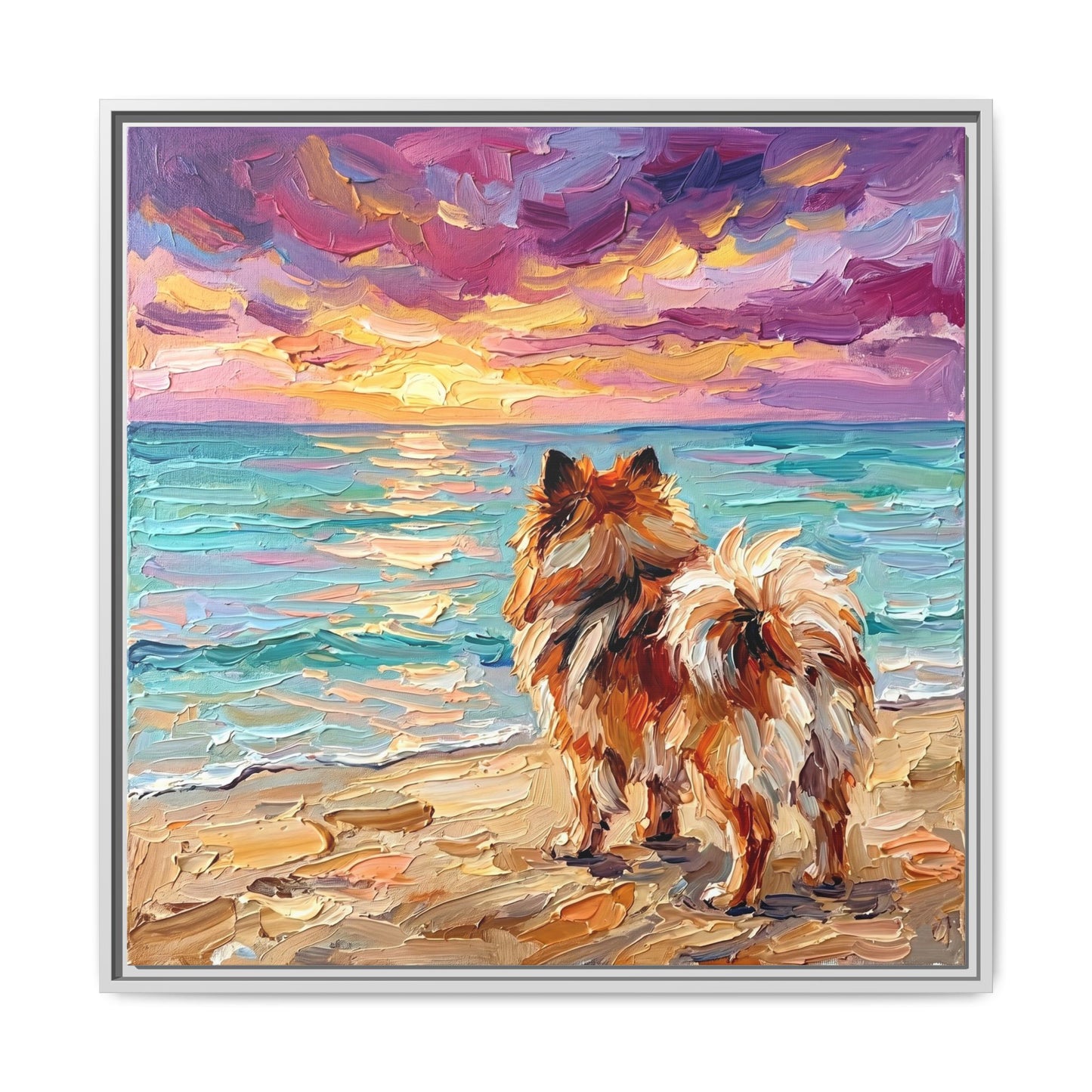 "Beach Sunset - Pomeranian" Framed Canvas Wall Art