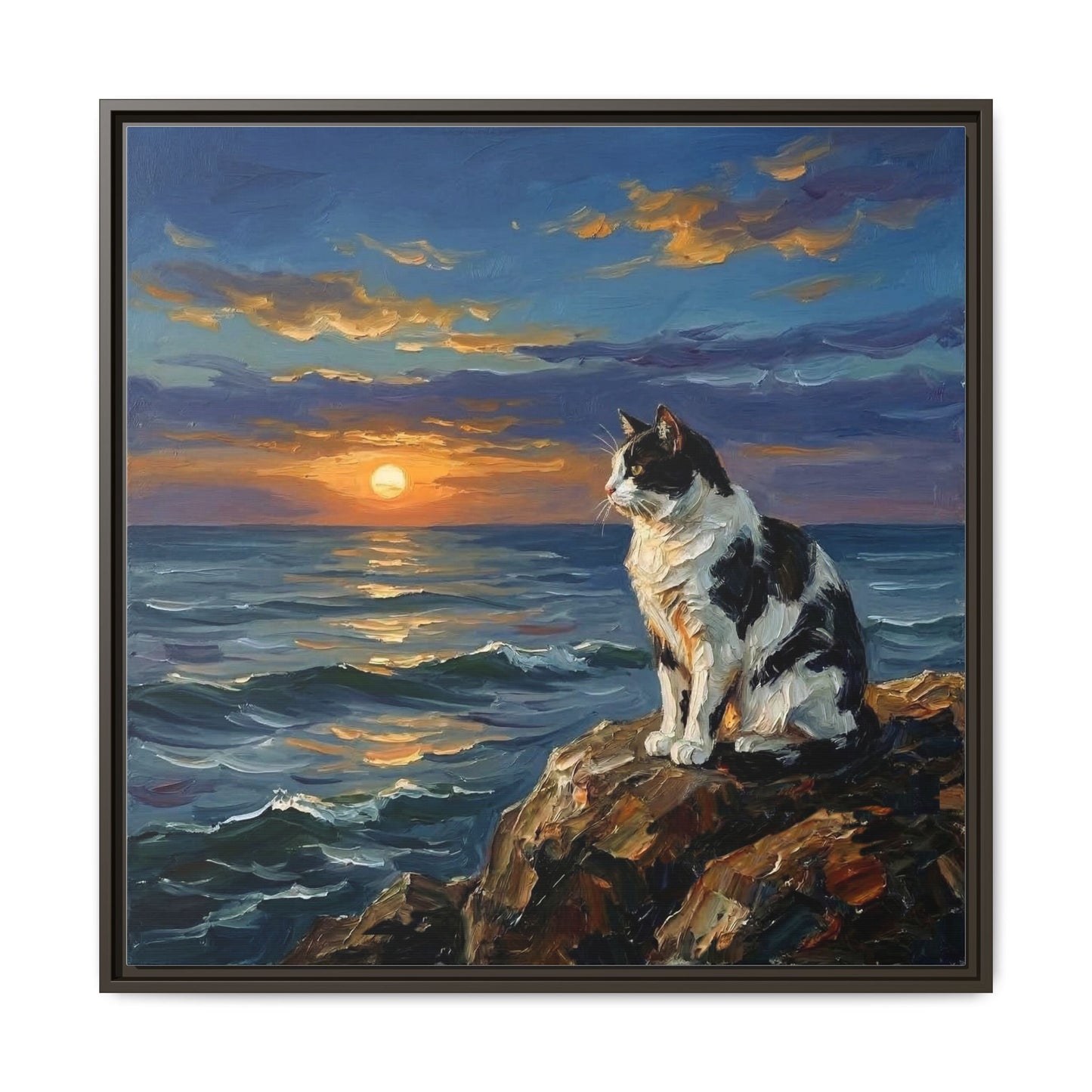 "Beach Day - Magpie Cat" Framed Canvas Wall Art